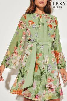 Lipsy Sage Floral Long Flared Sleeve Round Neck Belted Shift Dress (R52266) | $89