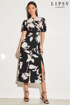 Lipsy Black/White Floral Jersey Short Sleeve Keyhole Ruched Midi Dress (R52267) | 35 €