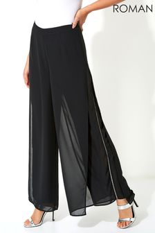Roman Black Diamante Embellished Side Split Chiffon Trousers (R56109) | €52