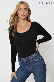 Pieces Black Ribbed Round Neck Button Detail Top (R60857) | €10.50