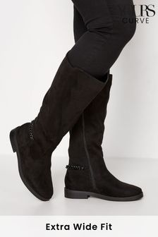 Yours Curve Kniehohe, elastische Stiefel in weiter Passform mit niedrigem Absatz und Kettenapplikation (R61016) | 40 €
