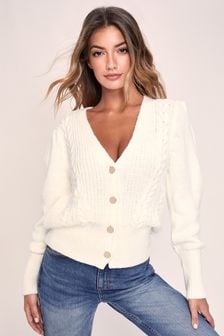 Lipsy Ivory Regular Knitted Cable Button Through Cardigan (R62564) | kr398
