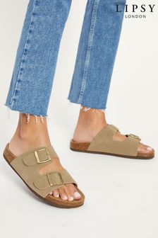 Lipsy Taupe Brown Buckle Strap Footbed Flat  Beach Sandal (R63089) | ₪ 61
