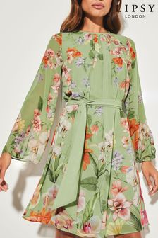 Lipsy Sage Floral Petite Long Flared Sleeve Round Neck Belted Shift Dress (R64067) | €43