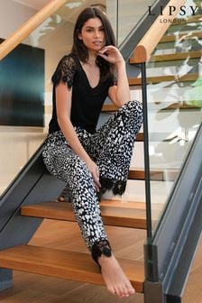 Lipsy Black Lace Sleeve and Wide Leg Trouser Pyjama Set (R64086) | €38