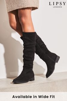 Lipsy Black Wide FIt Block Heel High Leg Flat Ruched Boot (R64147) | kr960
