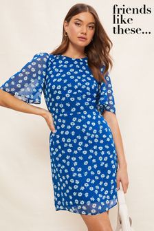 Friends Like These Blue Floral Short Sleeve Chiffon Mini Dress (R64218) | kr519