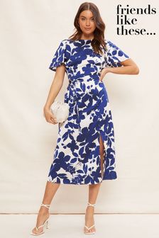 Friends Like These Blue Flutter Sleeve Satin Split Belted Midi Summer Dress (R64226) | TRY 918