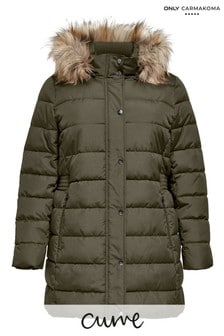 ONLY Curve Khaki Quilted Coat With Faux Fur Hood (R64263) | $114