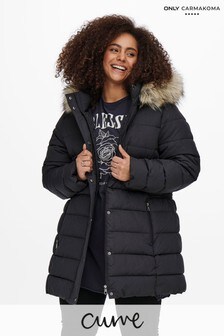 ONLY Curve Black Quilted Coat With Faux Fur Hood (R64265) | $114