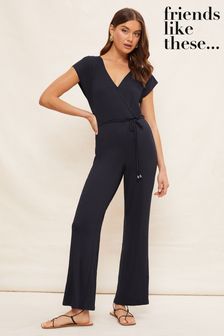 Friends Like These Navy Jersey Wide Leg Wrap Style V Neck Summer Jumpsuit (R64303) | $67