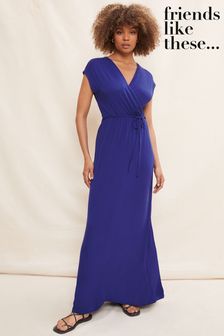 Friends Like These Blue Short Sleeve Wrap V Neck Tie Waist Maxi Dress (R64585) | LEI 203