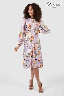 Closet Purple Multi Floral Print Closet London Puff Sleeve Dress (R65727) | 348 zł