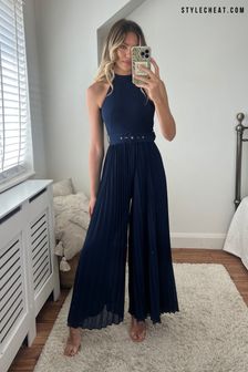 Style Cheat Blue Edie Belted Pleated Jumpsuit (R67631) | 115 €