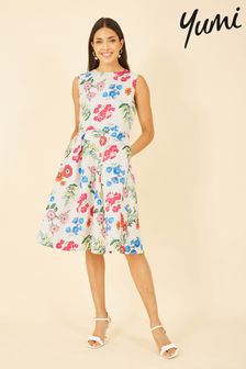 Yumi White Multi Botanical Floral Jacquard Skater Dress (R67656) | 42 €