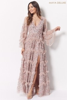 Maya Light Pink Premium Embellished Long Sleeve V-Neck Split Maxi Dress (R69120) | 772 zł