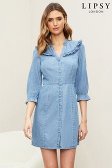 Lipsy Blue Ruffle Lighweight Denim Shirt Dress (R69949) | kr459