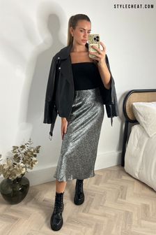 Style Cheat Grey Cara Satin Bias Midi Skirt (R70696) | €22