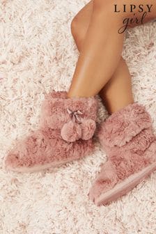 Lipsy Nude Pink Fur Pom Bootie Slipper (R71161) | CHF 22 - CHF 29