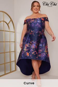 Chi Chi London Blue Curve Bardot Floral Dip Hem Dress (R71701) | €50