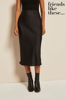 Friends Like These Black Satin Bias Midi Skirt (R71895) | 135 QAR