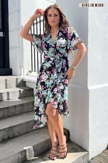 Girl In Mind Black Floral Chiffon Frances Asymmetric Wrap Midi Dress (R71939) | €27