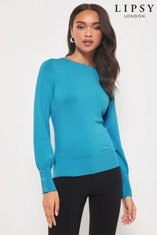 Lipsy Cyan Blue Scallop Long Sleeve Knitted Jumper (R72054) | 12,670 Ft
