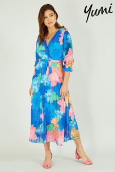 Yumi Blue Multi Tropical Floral Midi Pleated Dress With Belt (R72793) | 74 €
