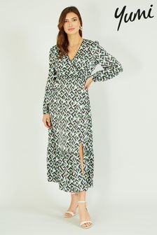 Yumi Green Black & White Geo Print Wrap Midi Dress (R72804) | €31