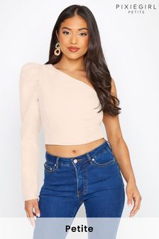 PixieGirl Petite Pink Ruched Sleeve One Shoulder Crop Top (R72808) | €15