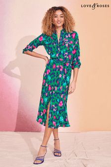 מנומר ירוק - שמלת חולצה באורך מידי עם הדפס של Love & Roses (R72846) | ‏146 ₪