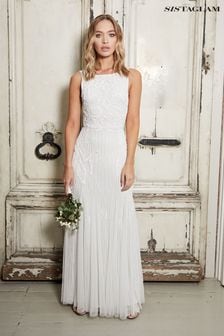 Sistaglam White Embellished Beaded Sequin Halterneck Maxi Wedding Dress (R73095) | €195