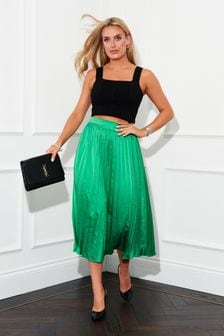 Girl In Mind Green Satin Pleated Midi Skirt (R73258) | €27