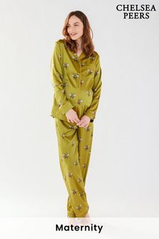 Chelsea Peers Green Maternity Bee Satin Relaxed Button Up Long Pyjama Set (R73586) | INR 6,981