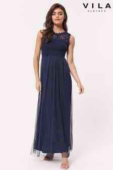 VILA Navy Sleeveless Lace And Tulle Maxi Dress (R73886) | $105