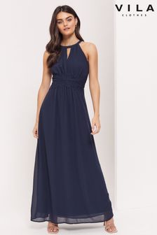 Vila Navy Halter Neck Tulle Maxi Dress (R73887) | $132