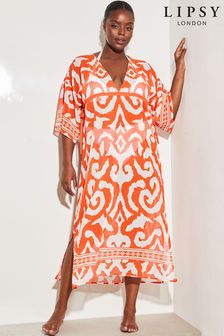 Lipsy Red Geometric Curve Printed V Neck Split Detail Cover Up (R73891) | €20.50