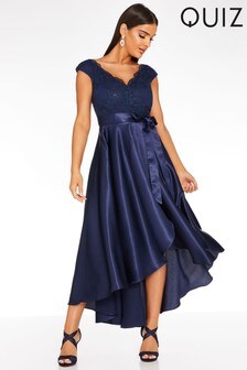 Quiz Navy Lace Bardot Dip Hem Dress (R74181) | ₪ 373