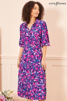 Love & Roses Blue Floral Printed Midi Shirt Dress (R74233) | €55