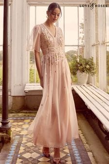 Love & Roses Blush Pink Embroidered Angel Sleeve Maxi Dress (R74598) | $203