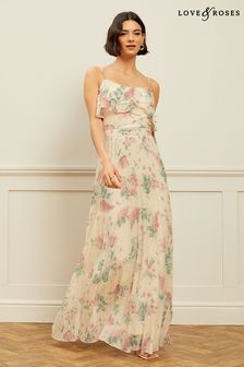 Love & Roses Ivory Floral Cami Frill Pleated Maxi Dress (R74603) | $135