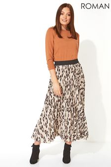 Roman Brown Animal Print Pleated Maxi Skirt (R75340) | $58