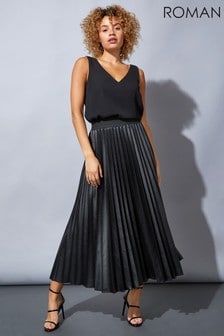 Roman Black Faux Leather Pleated Maxi Skirt (R75341) | $88