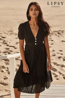 Lipsy Black Broderie V Neck Puff Sleeve Midi Summer Holiday Shop Dress (R76781) | BGN 154