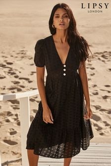 Lipsy Black Broderie V Neck Puff Sleeve Midi Summer Holiday Shop Dress (R76781) | $88