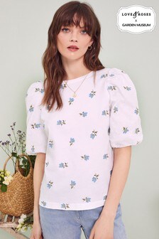 Love & Roses White and Blue Embroidered Floral Jersey Balloon Sleeve Top (R77308) | ₪ 78