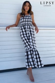 Lipsy Mono Check Regular Shirred Strappy Midi Dress (R77593) | €25