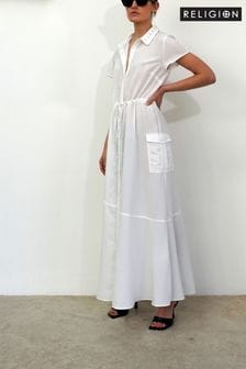 Religion White Utility Inspired Maxi Shirt Dress With Patch Pockets (R80369) | €48