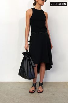 Religion Black High Low Midi Skirt In Light Crepe With Studded Waist (R80370) | ₪ 251