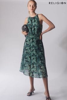 Religion Green Halterneck Destiny Midi Dress In Beautiful Prints (R80381) | OMR41